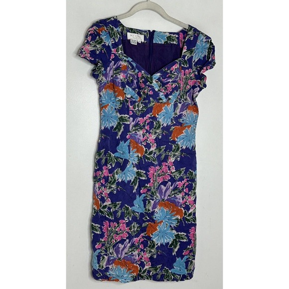 Silk Studio Vintage 100% Silk Purple Floral Sweetheart Short Sleeve Dress Sz 8P - Picture 2 of 4